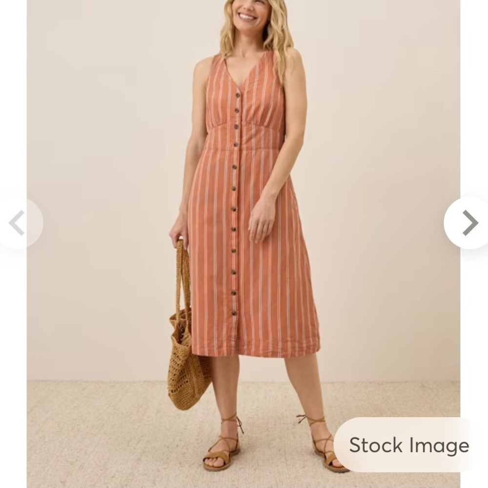 Pact Canopy Linen Blend Striped Orange Button Front Dress Womens M Coastal Boho
